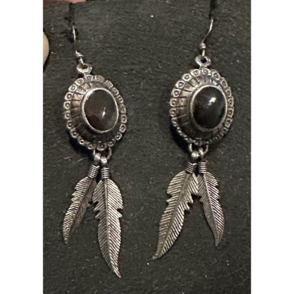 Artisan Native American Sterling Silver 925 Black Onyx Earrings Fringed Feathers
